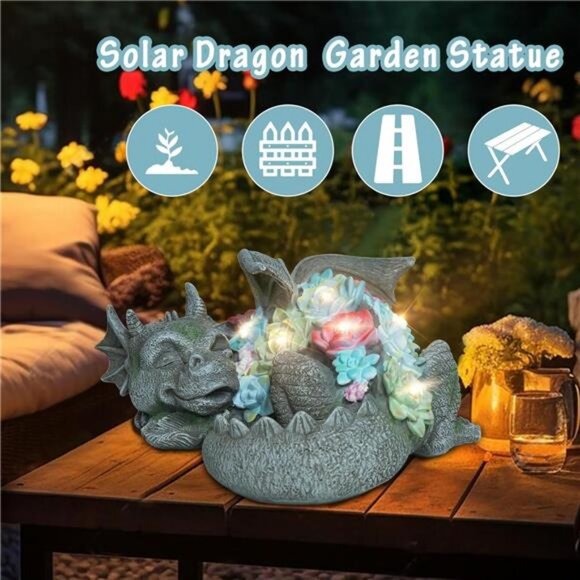 Garden Dragon Statue Outdoor Decor, Coiled Sleeping Dragon Figurine Solar Light - Picture 4 of 7